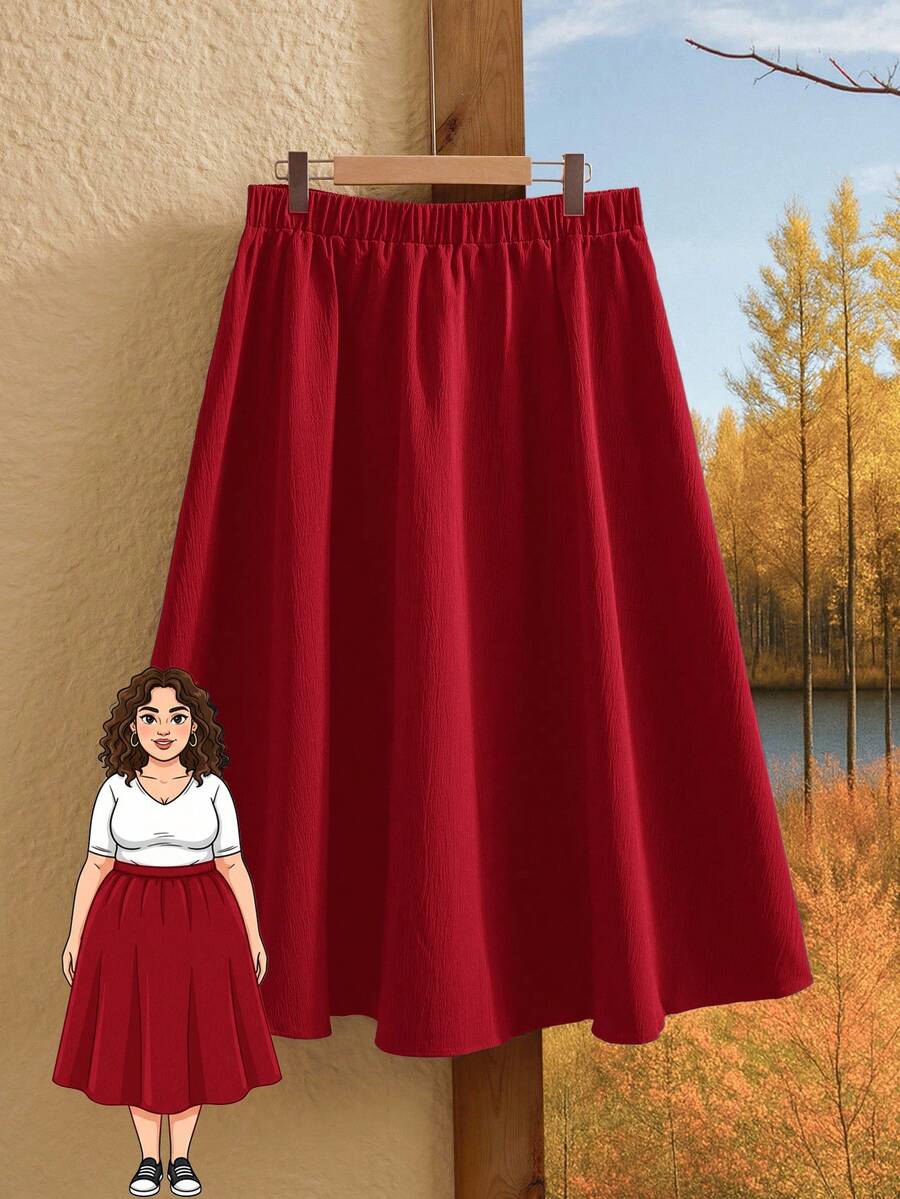 Rusticease Plus Size Women Solid Color Elastic Waist Casual Vacation Skirt - Burgundy - View 1