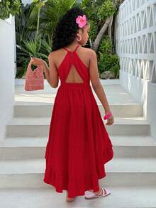 Tween Girl Solid Color Halter Hem Curved Waist Dress, Vacation - Red - View 3