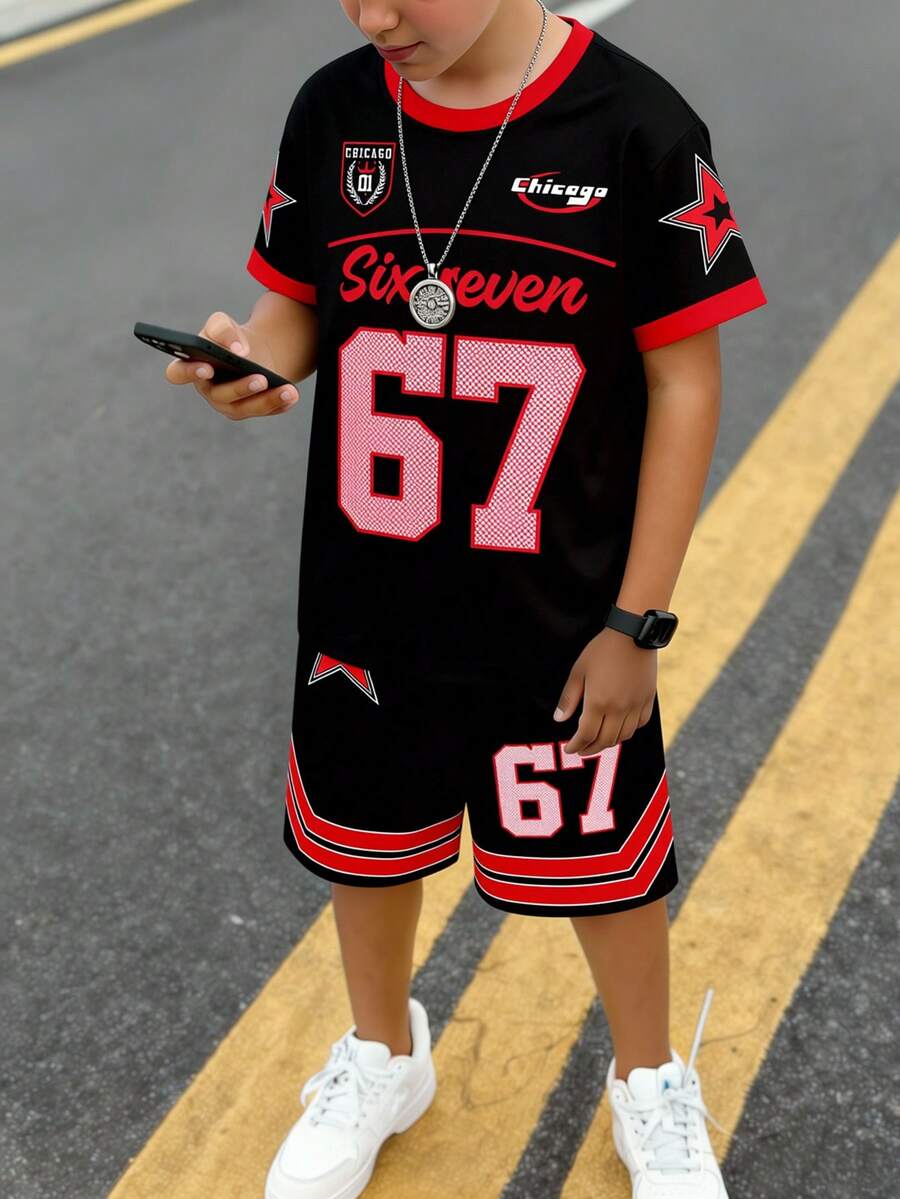 2pcs/Set Boys' Casual Stylish Creative Graphic Tee And Shorts Set, Comfortable Daily Wear For Spring, Summer & Autumn - Multicolor - View 1