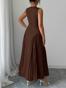 Rafferiza Women's Spring/Summer Minimalist Design Sense Stand Collar Sleeveless Pleated A-Line Dress - Brown - View 2