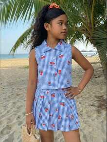 2pcs/Set Blue Plaid Cherry Print Sleeveless Shirt Paired With Plaid Pleated Skirt, Suitable For Spring/Summer Outings, Vacation, And Daily Wear - Multicolor - View 8