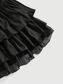 ROMWE Avant 女士百搭多功能加厚胸垫设计多层荷叶边领口拼接迷你连衣裙 - 黑色 - 查看 3