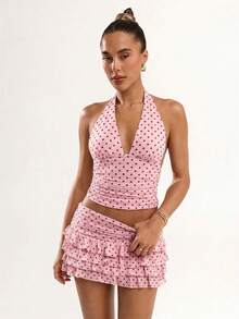 Falda de moda con volantes plisados y con estampado de lunares para mujer - Verde - Ver 11