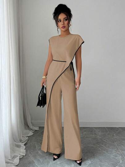 Selianne Bộ jumpsuit nữ 2 trong 1 cổ tròn, thiết kế viền ren, thắt eo bên hông, ống rộng