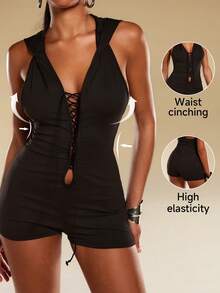 Normani Women's Sexy Criss-Cross Backless Hooded Romper, Summer - Black - View 8