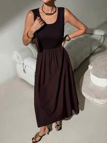 Lavishia Sleeveless Jacquard Splice Elegant Midi Dress For Daily Wear - Brown - View 4