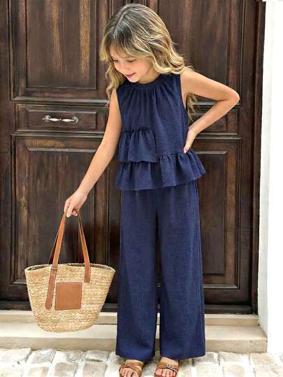 SHEIN Conjunto informal de niña preadolescente con blusa de cuello redondo con volantes de unicolor y pantalones de pierna ancha