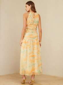 SHEIN LUNE French Luxury Elegant Floral Print Chiffon Maxi Dress,Beige,Summer,Boho,Vacation,Holiday,Fitted Waist A-Line Flowy Skirt,Ruched Waist Design - Yellow - View 2