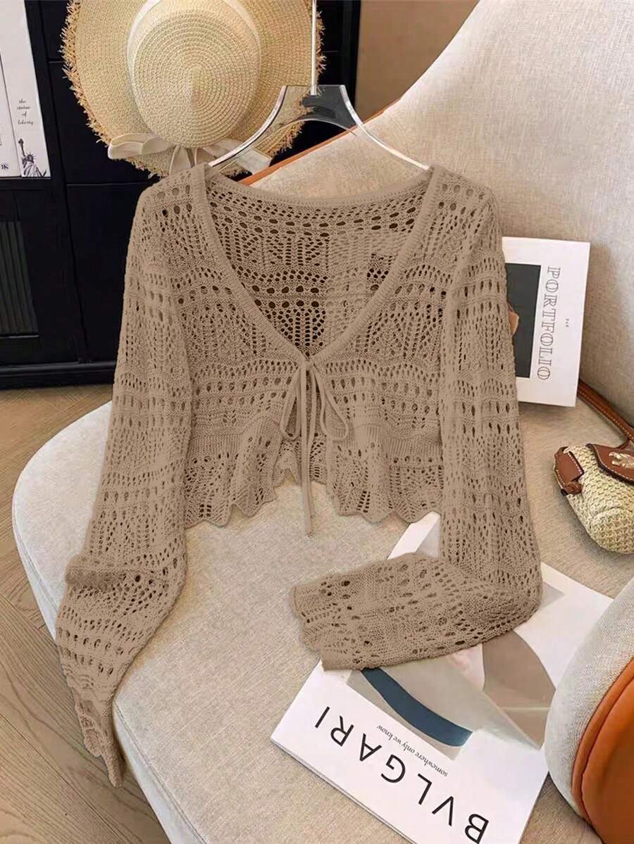 Franclia 新款纯色镂空钩编蕾丝轻薄开衫，女士百搭外套 - 紫紅色 - 查看 1