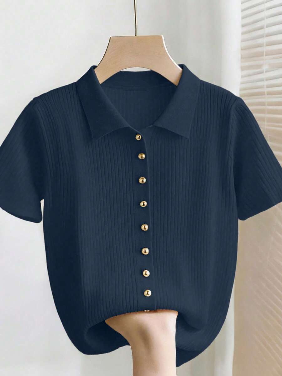 SHEIN Franclia New Summer Casual Loose Versatile Minimalist Elegant Polo Shirt, Commuting Workplace Metal Button Office Refined Personalized Conservative Slim Fit Lady Cardigan - Navy Blue - View 1