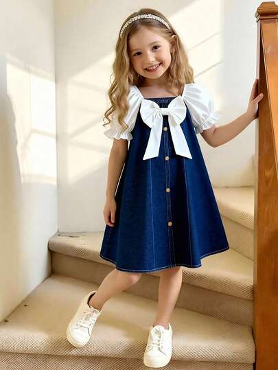 Young Girl Summer Casual Color Block Bow Decor Dress Ruffle Collar Dress Denim Everyday Casual Denim Dress For Girls Blue And White Kids Girl Dress Puff Sleeve Dress Navy Kids Dress Little Girl Puff Sleeve Dress Girl Blue Bow Knot Dress Girls Denim Dress Girl White Bow Dress
