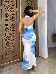 Vassilux 女式2025夏季露背系腰修身印花中长连衣裙 - 藍白色 - 查看 2