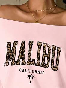 Jouncy 女士字母印花露肩休闲百搭日常穿搭T恤 - 粉色 - 查看 4