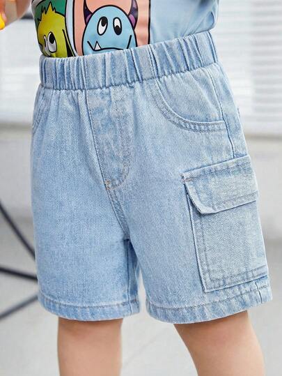 Genkimix Kids 男婴休闲牛仔短裤，春夏款，浅蓝色牛仔布，3D立体口袋设计，直筒裤型，面料柔软舒适，适合上学、通勤和日常外出穿着。