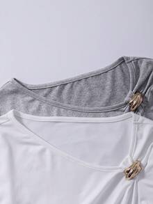 SHEIN 少女多色设计不对称领口褶皱腰身+金属扣不规则短袖T恤，适合春夏穿着，独特的不对称领口设计，褶皱腰身，金属扣点缀，展现个性时尚，适合日常、派对、校园等场合。 - 彩色 - 查看 4