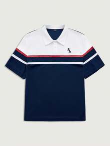 Courvante Camisa Polo Casual de Trabalho com Bloco de Cor e Estampa de Cavalo com Botão de Quarto, Presente para Namorado - Azul Marinho - Visão 3