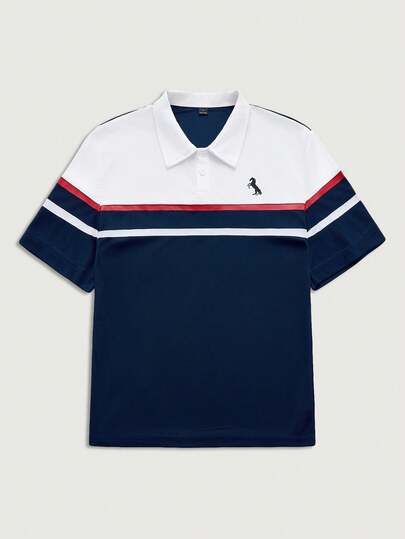 Courvante 男士拼色马匹印花四分之一纽扣工作休闲 Polo 衫，男友礼物