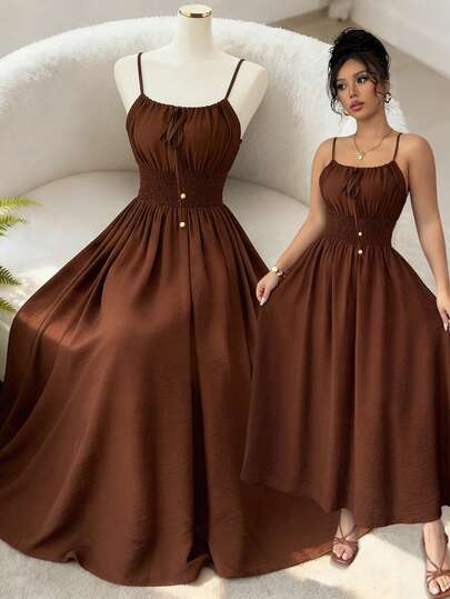 Elenzga Plus Size Women Solid Color Waist Tie Front Strap Casual Dress