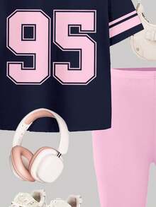 Conjunto de 2 piezas de camiseta de manga corta de cuello redondo y pantalones cortos tipo ciclista en contraste de color azul marino y rosa neón para niñas preadolescentes, adecuado para uso diario en primavera/verano, estilo callejero, salidas, vacaciones, regreso a clases, atuendo retro para niñas de 8 a 12 años - Multicolor - Ver 6