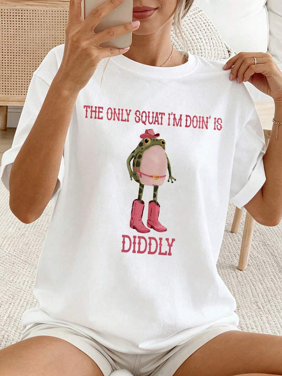 SHEIN 女士休闲宽松版型标语卡通青蛙印花圆领落肩T恤 - 白色 - 查看 1