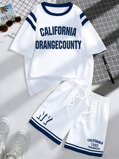 Chillumni Men's American California Letter California Coast Sporty Casual Crew Neck Short Sleeve T-Shirt Set