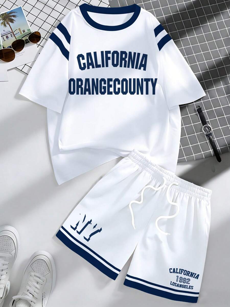 Chillumni 男士美式加州字母加州海岸运动休闲圆领短袖T恤套装 - 彩色 - 查看 1