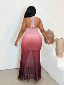 Maweii 大码女士性感度假深V领露背系带弹力透视渐变紧身迷你连衣裙 - 彩色 - 查看 2