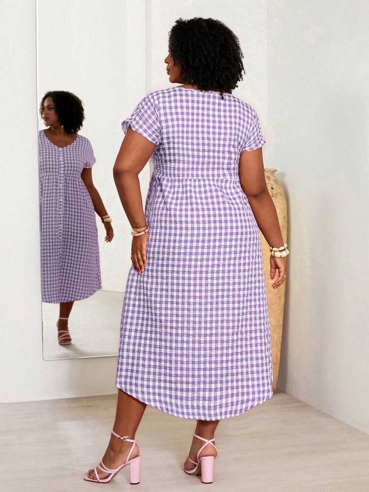 Plus Size Women's Summer Casual Vacation Country V-Neck Short Sleeve Purple Plaid Long Dress, Summer Vacation,Summer Outfits For Women ,Vacation Outfits Women ,Holiday Outfits For Women,Going Out Outfits,2026 New Clothes,Simple And Fashionable For Everyday Wear,Suitable For Summer, Vacation, Daily Wear, Festival Outfits For Women,Country Concert Outfit,Beach Outfits For Women,Flowy Dress
