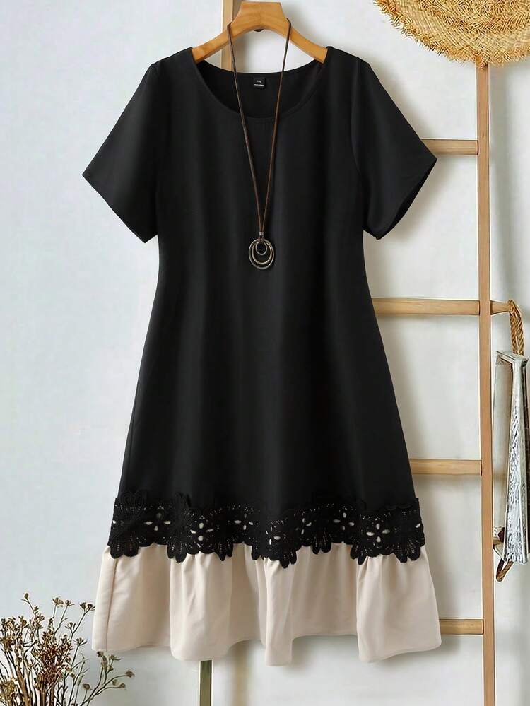 Plus Size Women Round Neck Color Block Casual Party Short Sleeve Dress