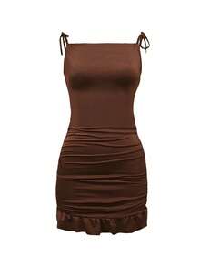 NostaNoir Women's Short Backless Pleated Brown Camisole Dress - Rust Brown - View 2