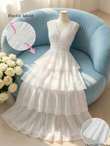 Ellevyn Vestido sin mangas con cintura ceñida y volantes en escote en V, uso diario elegante para primavera y verano, regalo elegante para el Día de la Madre, vestido para festival, cita nocturna, Pascua, vacaciones, boda, invitada de boda, vestido blanco de verano para mujer - Blanco - Ver 18