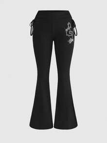 ROMWE J-Fashion Pantalones con pierna acampanada y cordón estilo punk con rayas para mujeres - Negro - Ver 1