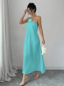 Selianne Đầm maxi satin thanh lịch cổ yếm trang trí hoa 3D dành cho nữ. - Màu xanh Cadet - Xem 6