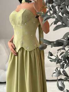 Modelyn New Design Rhinestone Embellished Romantic Flowy Strapless Dress, Elegant Party Gown,Summer Dresses For Women - Green - View 3