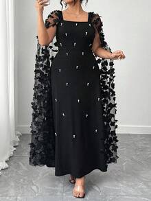SHEIN CURVE+ Vestido Elegante com Contas 3D em Tela Plus Size - Preto - Visão 7