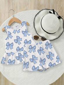 Baby Girls Blue Bow Tie Digital Print Sleeveless 2-Piece Set, Suitable For Summer Daily Wear, Outings, Travel, Vacation And Parties, Vacation Outfit - Multicolor - View 3
