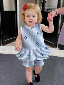 少女蓝色蝴蝶结数码印花无袖上衣和短裤两件套 - 彩色 - 查看 3