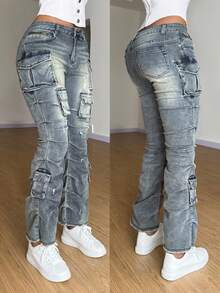 StreetHx Women's Pocket Button Casual Flare Leg Jeans, Versatile For Daily Wear - Blue - View 6