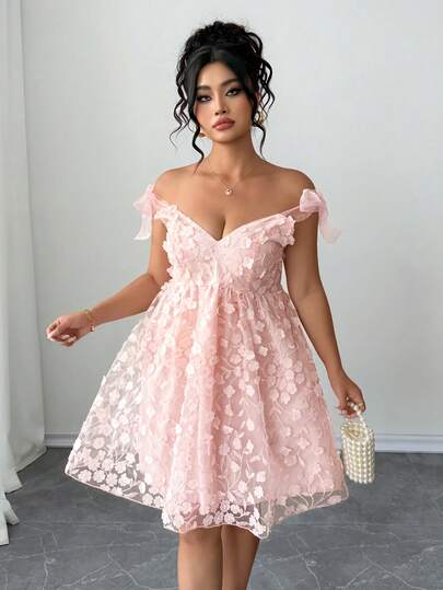 Elenzga Plus Size Women Elegant Woven Bowknot Strap Double Layer Jacquard Dress