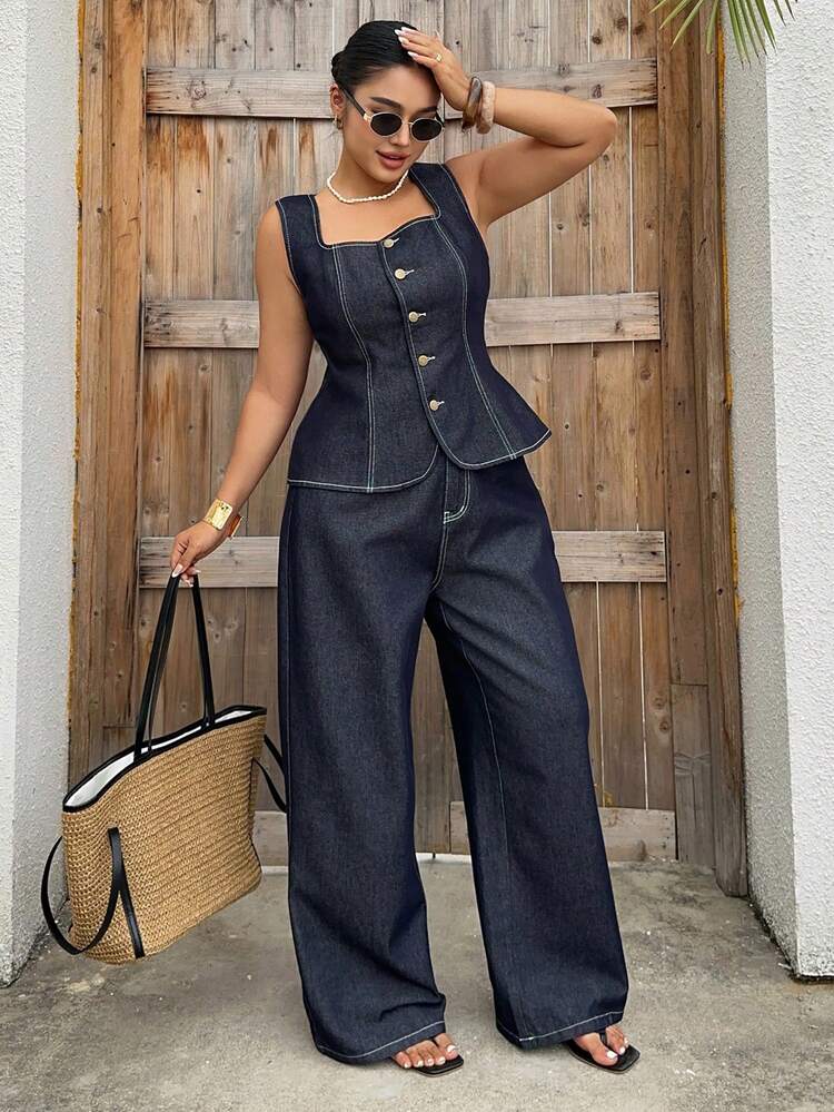 Dazy Plus Spring & Summer Vacation Style Denim Set, Sleeveless Loose Long Denim Pants & Vest, Plus Size Women 2 Pieces Denim Set