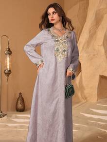 Al Najma Luxurious Embroidered Beaded Loose Jacquard Fabric Turkish & Arabic Traditional Long Robe For Women - Pink - View 3