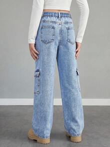 SHEIN Pantalon cargo en jean à jambes larges pour préadolescentes, mode de rue douce et cool, style casual sportif recommandé pour l'école, les sorties, les rencontres, les fêtes, les vacances. Noir avec cœur rose et impression anglaise, design à poches latérales, jean à jambes larges polyvalent à poches multiples convenant pour toute l'année - Jean brut - Voir 2