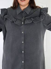 Pretty and Ole Plus Size Women Long Sleeve Single-Breasted Ruffle Patchwork Casual Denim Dress - Black - View 3