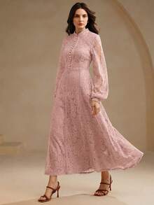 Anewsta Women's Long Sleeve Lace Wine Red Dress, Casual Outfit - Dusty Pink - View 6