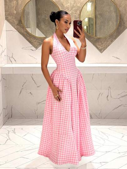 Slaydiva Elegant French Style Plaid V-Neck Halter-Neck Long Dress Perfect For Summer Vacations ,Summer Dress,Elegant Dress
