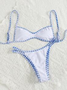 Swim Mod 春夏新款欧美甜美花卉拼接格纹流苏双面两件式泳衣套装，系带挂脖比基尼上衣和高腰泳裤，白色背景碎花图案，性感比基尼泳装，适合海滩、泳池、生日派对等场合 - 彩色 - 查看 6