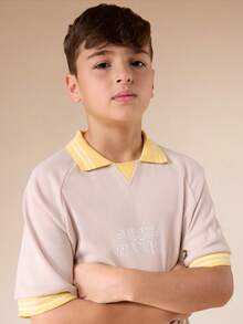 SUMWON Camisa polo de manga corta casual de verano para niños preadolescentes con cuello y puños de contraste amarillo - Caqui - Ver 4