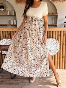 SHEIN Maternity Ditsy Floral Square Neck Short Sleeve Casual Dress - Khaki - View 8