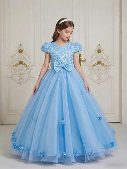 Glamorique Kids Tween Girl Wedding Dress With Bow Decor, High-End Luxury Niche Birthday Party Dress, Children Princess Gown