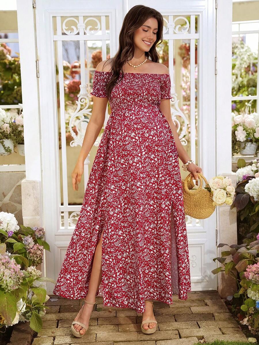 SHEIN 孕妇优雅露肩碎花连衣裙，适合度假、夏季穿着，波西米亚风，适合假日穿着，也适合野餐穿着，露肩连衣裙 - 酒紅色 - 查看 1